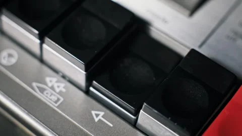 Finger Pressing Play Button on Vintage Tape Deck Macro Stock Footage 323234836