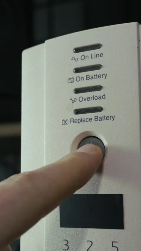 Finger Pressing Power Button On White UPS Backup Battery System Stock Footage 330270189
