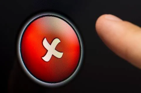 Finger pressing a red button with a cross on touchscreen Stock Illustration