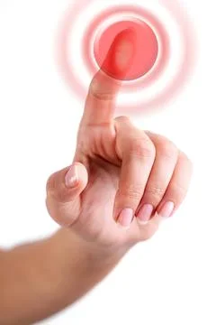 Finger pressing red button with glowing effect on white background Stock Photos