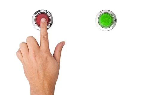 A finger pressing a red panic button on white background Stock Photos