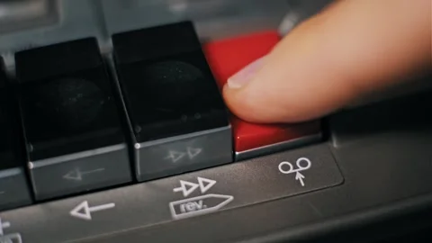 Finger Pressing Red Record Button on Vintage Cassette Deck Stock Footage 319788419