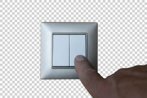 A finger is pressing the right side of a double light switch. Stock Photos