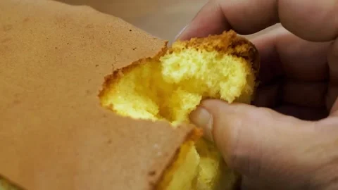 Finger Pressing Soft Sponge Cake, Testing Freshness and Texture Stock Footage 331779847