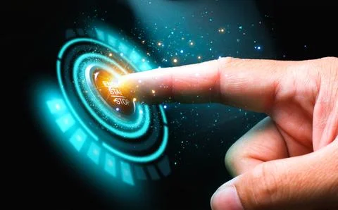 Finger pressing virtual button with future technology concept Stock Photos