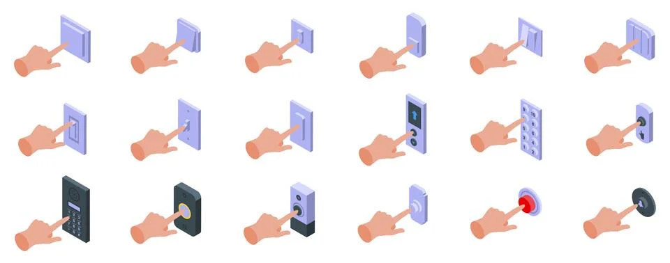Finger pressing wall button icon set. Hands activating various switches, bu.. Illustrazione stock