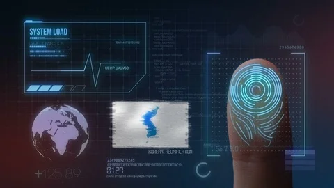 Finger Print Biometric Scanning Identification System. Unification Flag of Ko Stock Footage 102603163