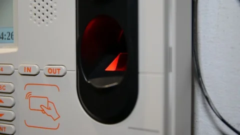 Finger print Employee Biometric Time Clock security enter check Stock Footage 124355668