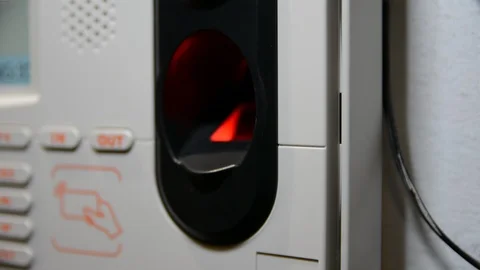 Finger print Employee Biometric Time Clock security enter check Stock Footage 124355708