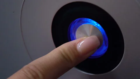 Finger push button with illumination, power on PC or home lift, launch of tech Stock Footage 97559738