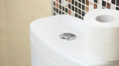 Finger pushing button and flushing toilet Stock Footage 58893311