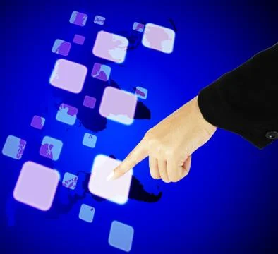 Finger pushing button on a touch screen interface with world map Stock Illustration