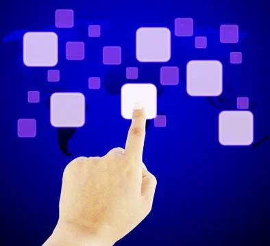 Finger pushing button on a touch screen interface with world map Illustrazione stock