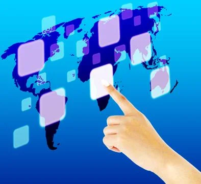 Finger pushing button on a touch screen interface with world map Stock Illustration