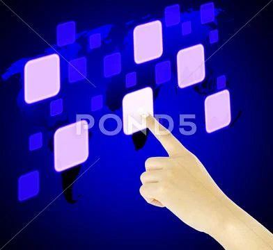 Finger pushing button on a touch screen interface with world map Stock Illustration