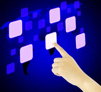 Finger pushing button on a touch screen interface with world map Stock Illustration