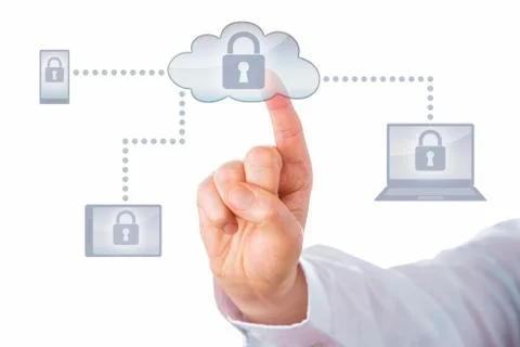 Finger Pushing Cloud Icon Linked To Mobile Devices Stock Photos