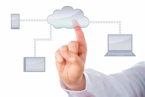 Finger Pushing Empty Cloud Icon Isolated On White Stock Photos