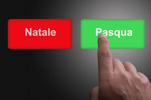 Finger pushing green button with Easter writing, as opposed to red button wit Stock Photos