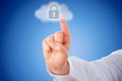Finger Pushing Lock Button In Cloud Icon Over Blue Stock Photos