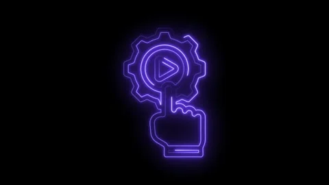Finger pushing play button inside gear icon neon animation on black background Stock Footage 330785578
