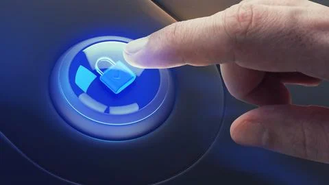The finger is ready to press the button with the glowing lock. 3d rendering Illustrazione stock