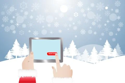 Finger of Santa Claus touching button Order Now in winter landscape Stock Illustration