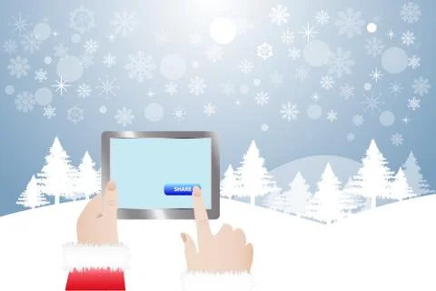 Finger of Santa Claus touching button Share in winter landscape Stock Illustration