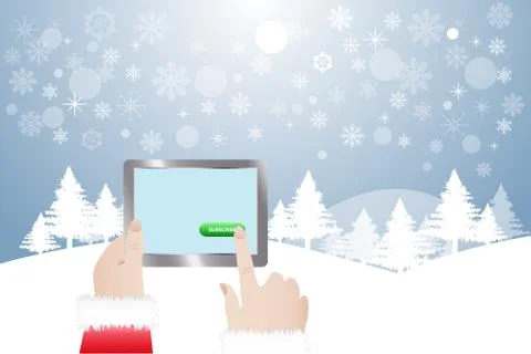 Finger of Santa Claus touching button Subscribe in winter landscape Stock Illustration