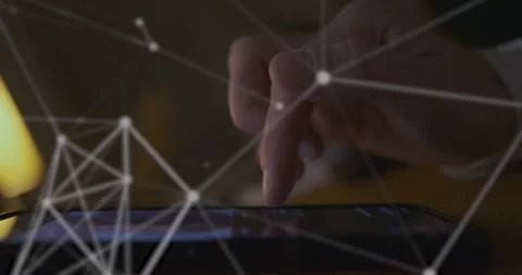 Finger scrolling the screen of a smartphone. Animation connected dots, digital Vidéo 259070462