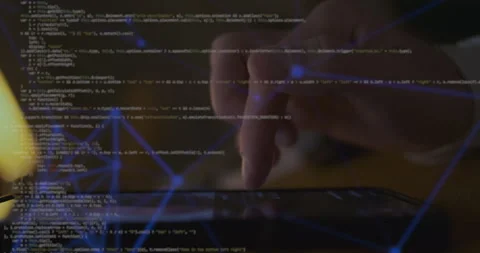 Finger scrolling the screen smartphone. Animation code lines data processing Stock Footage 259187906