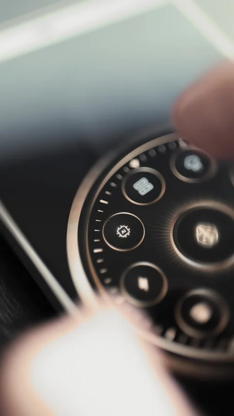 Finger selecting technology icons around a glowing radial touchscreen menu Vidéo 342489683