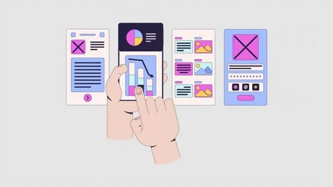 Finger swiping mobile app prototype screens 2D animation Stock Footage 348159828