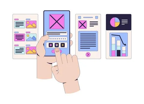 Finger swiping mobile app prototype screens 2D illustration concept Stockillustratie