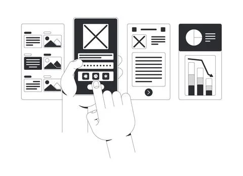 Finger swiping mobile app prototype screens line illustration concept Stockillustratie