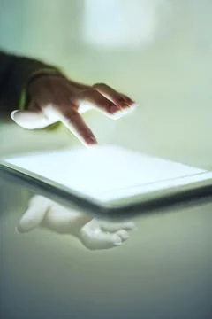 Finger, tablet and touch digital screen for connection or programming, software Stock Photos