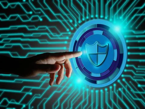 Finger tapping on a digital blue shield. Data protection business internet tech Stock Photos