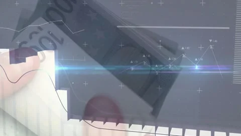 Finger tapping, hand fanning hundred euro notes while HUD charts rising to Stock Footage 329454706