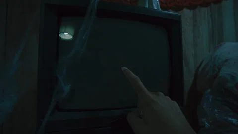 Finger tapping on old static TV Stock Footage 318077997