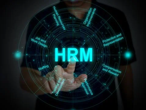 A finger tapping or activating HRM function on a futuristic virtual screen .. Foto stock