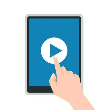 Finger tapping play button on tablet screen for video playback Stock Illustration