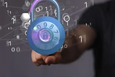 Finger tapping on a screen with 3D rendered security lock floating above a hand Stock Photos