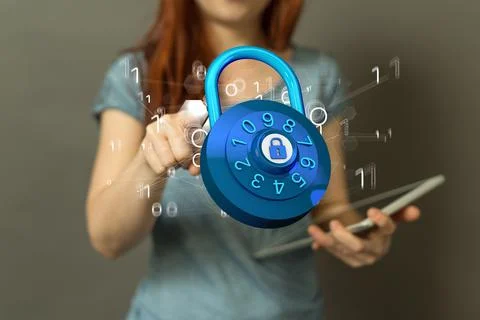 Finger tapping on a screen with 3D rendered security lock floating above a hand Foto stock