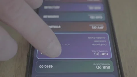 Finger tapping on a smartphone screen with multi-currency virtual credit Stock Footage 337998788
