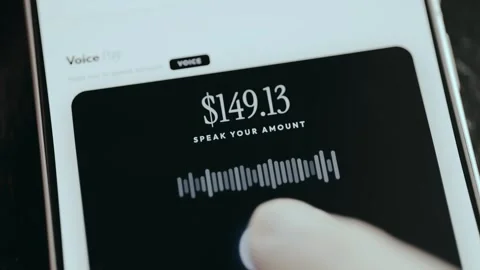 Finger taps the digital button labeled Hold to Speak, prompt Speak Your Amount Stock Footage 332909499