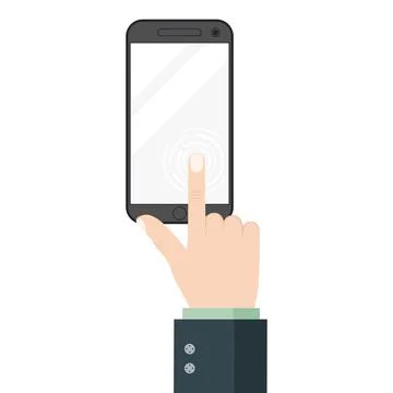 Finger touch screen, top view, mobile phone display with hand, press the butt Stock Illustration