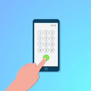 Finger touch of smartphone screen with dial screen, blue background, vector Stock Illustration