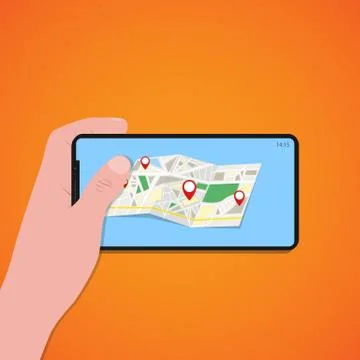 Finger touch of smartphone screen with location map, orange background, vecto Stock Illustration