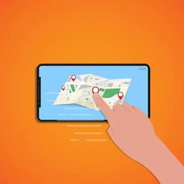 Finger touch of smartphone screen with location map, orange background, vecto Stock Illustration