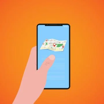 Finger touch of smartphone screen with location map, orange background, vecto Stock Illustration